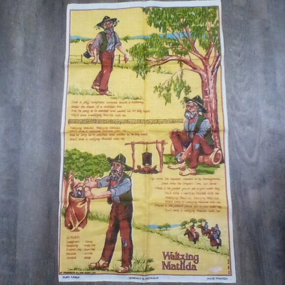 Vintage Waltzing Matilda Pure Linen Tea Towel Australia Hand Printed NEW - Picture 1 of 5